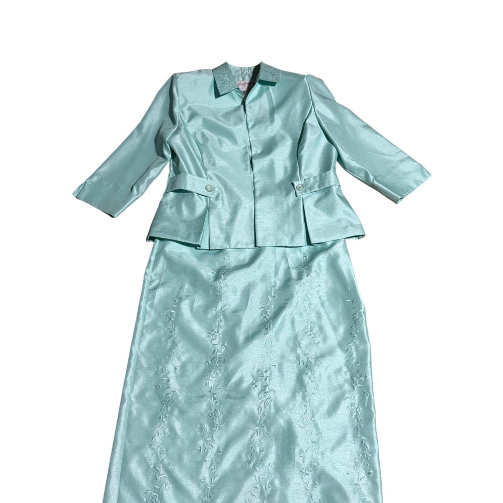 Sag Harbor Women Aqua Blue 3 Piece Skirt Suit Set Floral Embroidered Size 14